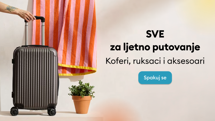 Promocija asortimana za ljetna putovanja, uključujući kofere, ruksake i putne dodatke, s pozivom na pripremu i pakovanje za put.