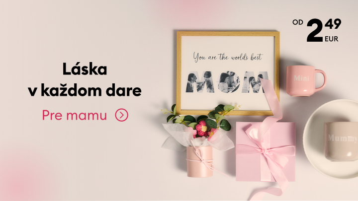 Propagácia výberu darčekov pre mamu, zdôrazňujúca myšlienku lásky a pozornosti pri obdarovaní a dostupnú cenovú ponuku.