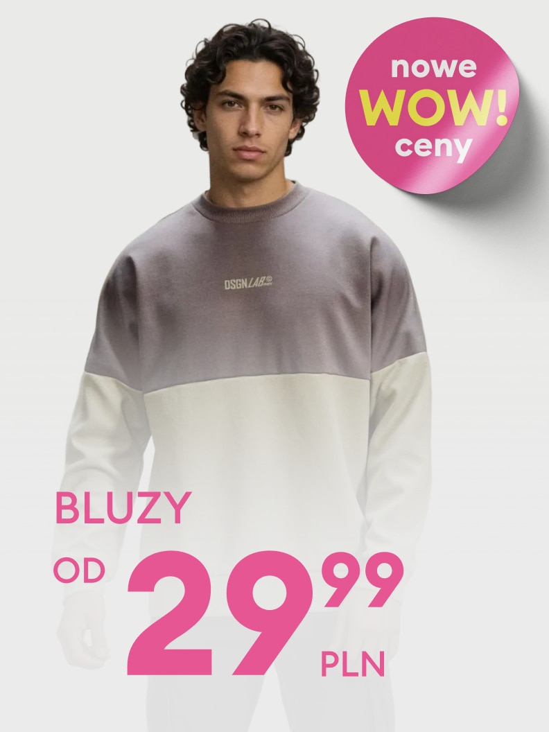 Reklama promocyjna męskich bluz, informująca o aktualnej ofercie sprzedażowej z atrakcyjnymi, obniżonymi cenami.