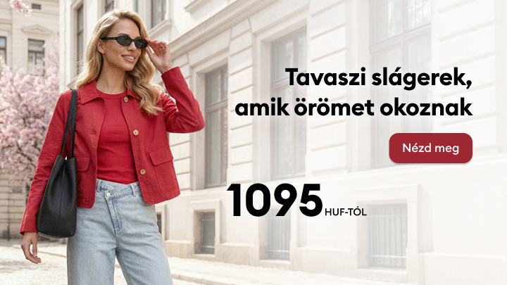 Tavaszi divatkollekciót népszerűsítő hirdetés, amely örömteli, hétköznapi viseleteket és kedvező árú ajánlatokat kínál, böngészésre és vásárlásra ösztönöz.