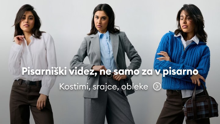 Promocija ženskih poslovnih oblačil za pisarno, vključno s kostimi, srajcami in oblekami za eleganten vsakdanji videz