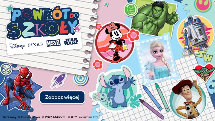 Grafika promująca powrót do szkoły z bohaterami Disney, Pixar, Marvel i Star Wars, zachęcająca do zapoznania się z ofertą szkolną dla dzieci