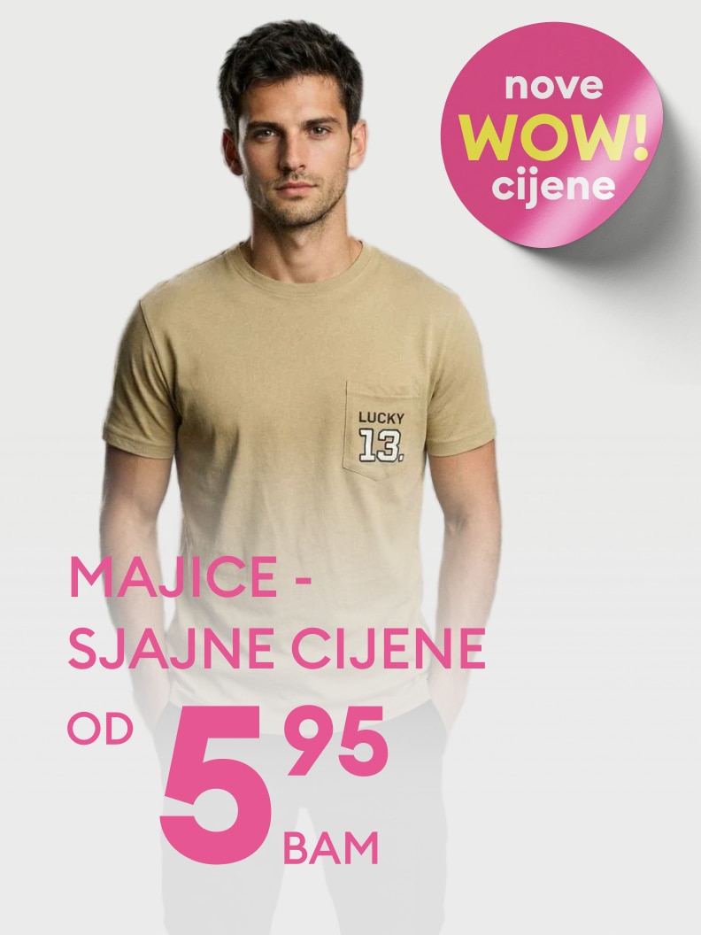 Promotivna ponuda muških majica s novim akcijskim cijenama, naglašava povoljnu kupovinu i nisku početnu cijenu u BAM.