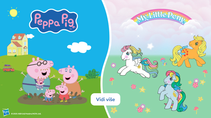 Peppa Praščić sa svojom porodicom uživa u prirodi i veselo provodi dan. Na drugoj strani su šareni poniji iz serije Moj Mali Poni, koji lete i igraju se u cvetnom polju. Tekst „Vidi više” poziva na otkrivanje dodatnih informacija o oba crtanog junaka.