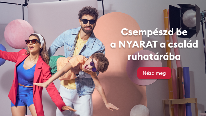 Nyári ruházati kollekció családok számára, könnyed és vidám stílus bemutatásával, a szezonális kínálat felfedezésére és vásárlásra ösztönöz.