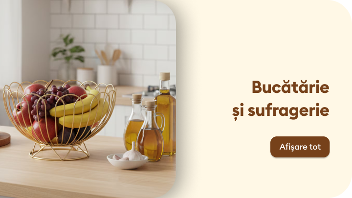 Promovează categoria de produse pentru bucătărie și sufragerie, evidențiind accesorii și articole pentru gătit și servire, ca inspirație pentru amenajarea spațiului.