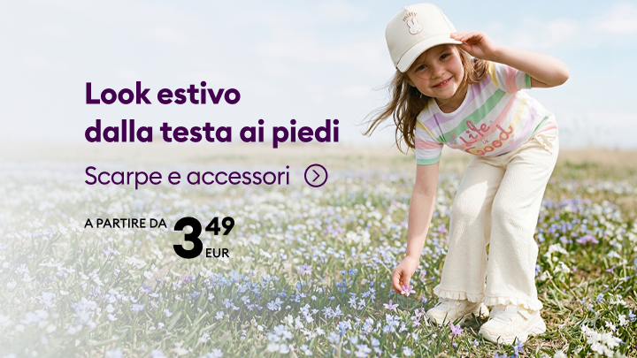 Promozione di un look estivo completo con scarpe e accessori per bambini, che invita all’acquisto di articoli stagionali a prezzo conveniente a partire da 3,49 EUR.