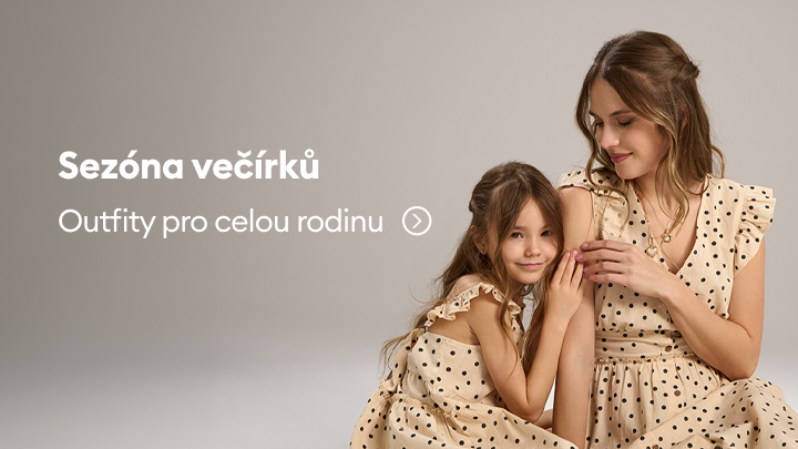 Propagační banner představující sezónní outfity na večírky pro celou rodinu, s dospělou ženou a dítětem v laděném oblečení, zdůrazňující slavnostní styl a rodinnou pohodu