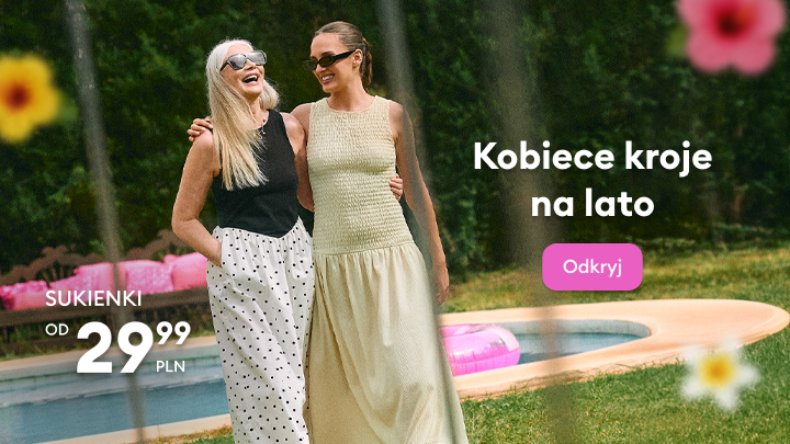 Baner promocyjny zachęcający do zapoznania się z ofertą kobiecych sukienek i letnich stylizacji.
