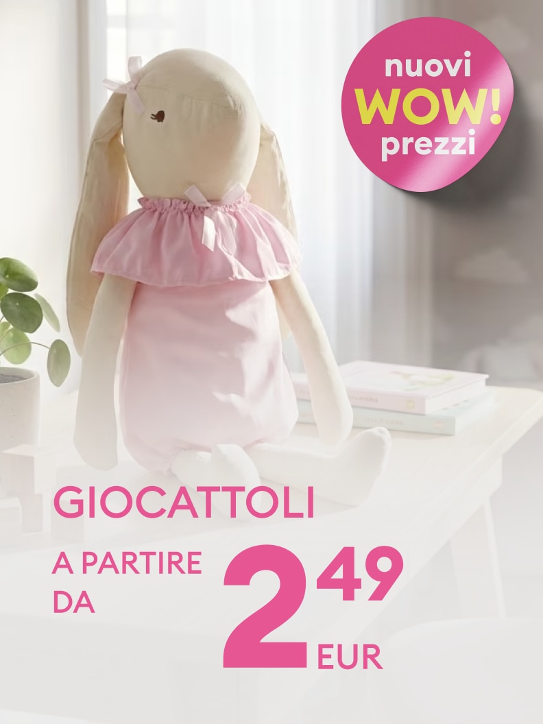 Promozione su giocattoli per bambini con nuovi prezzi vantaggiosi, a partire da 2,49 euro, pensata per incentivare l’acquisto.