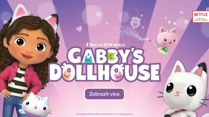 Propagační banner k dětskému animovanému seriálu Gabby’s Dollhouse na Netflixu, představující hlavní postavy a vybízející k prozkoumání pořadu.