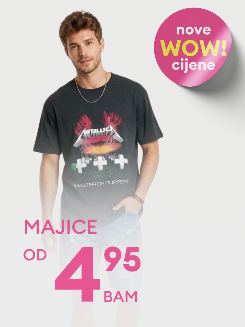 Promocija muških majica s novim sniženim cijenama, naglašava povoljnu ponudu s početnom cijenom od 4,95 BAM i potiče na kupovinu.