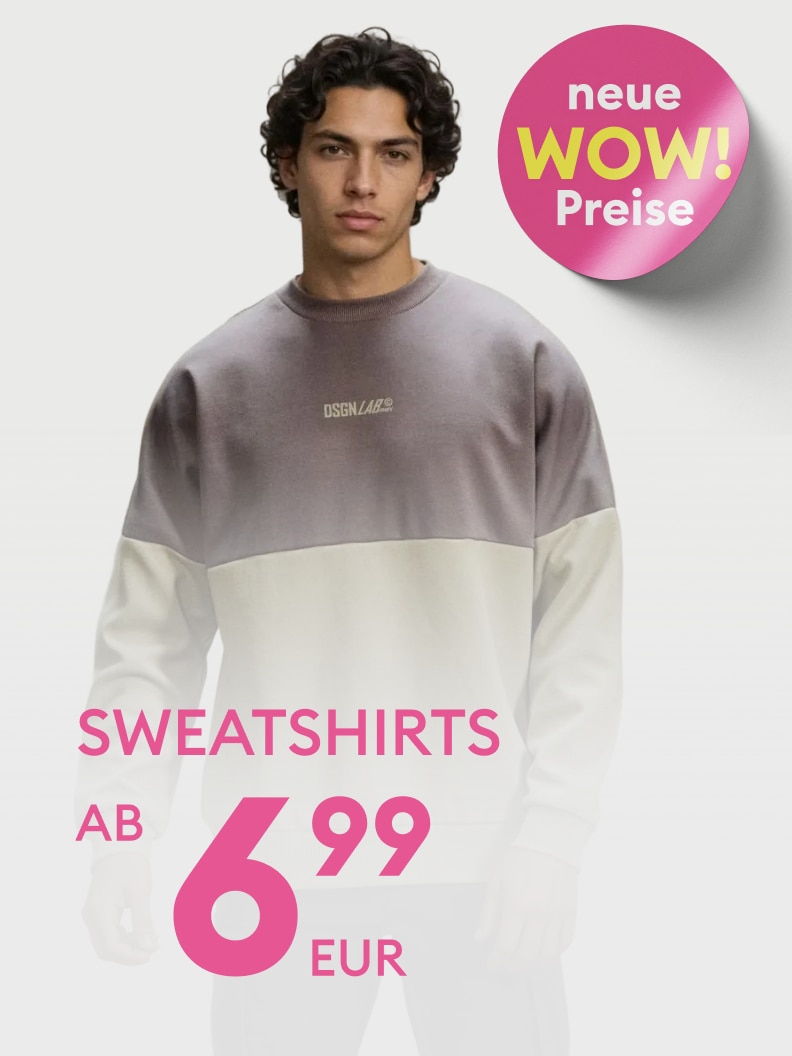 Werbebild zur Bewerbung von Sweatshirts mit neuen Aktionspreisen und günstigem Einstiegspreis, dargestellt an einem Model zur Unterstützung der Kaufentscheidung.