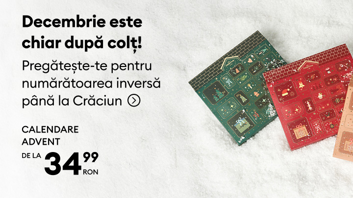 Calendarele de Advent te invită să numeri invers până la Crăciun. Disponibile în mai multe modele, începând de la 34,99 RON. Descoperă magia sărbătorilor și pregătește-te pentru cele mai frumoase momente ale iernii! banner