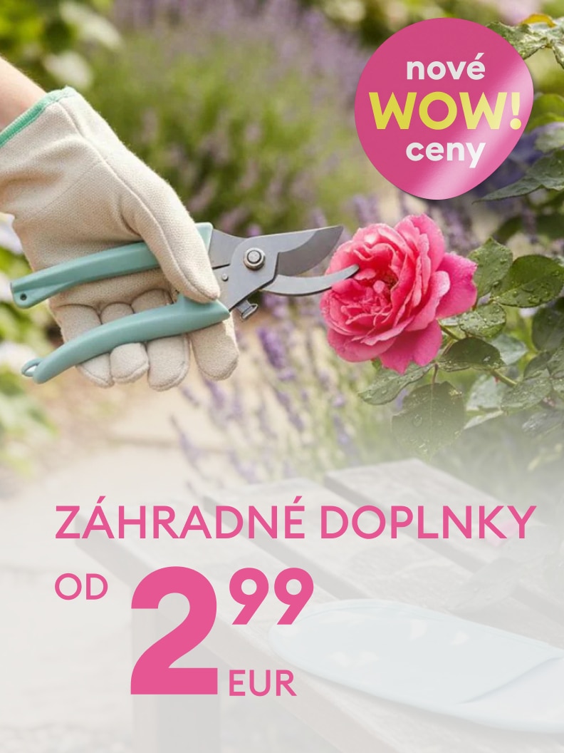 Propagačný vizuál informujúci o výhodných cenách záhradných doplnkov a náradia, určený na podporu nákupu a starostlivosti o záhradu.