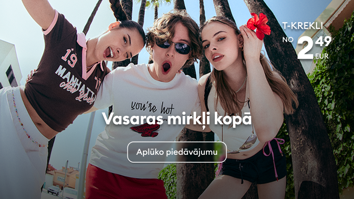 Aicinājums iepazīties ar vasaras T‑kreklu piedāvājumu, izceļot jauniešu draugu kopā būšanu un sezonālo modes izvēli.