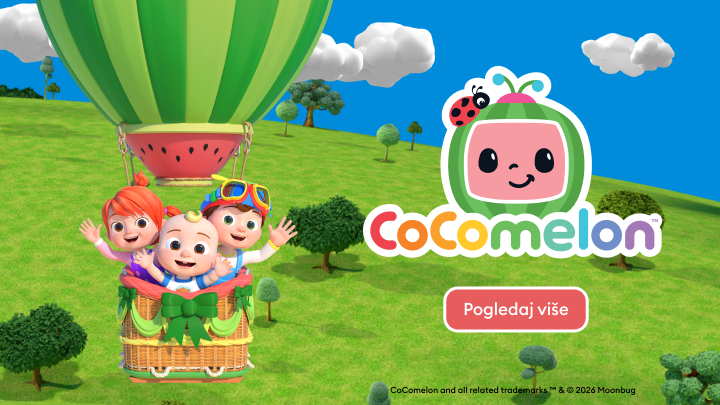 Promocija dječjeg animiranog sadržaja Cocomelon, s likovima koji potiču djecu i roditelje na istraživanje i gledanje zabavnih i edukativnih videa.