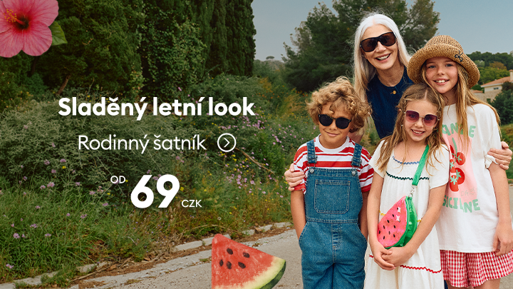 Propagace sladěných letních outfitů pro celou rodinu, zdůrazňuje pohodlí a hravý styl vhodný na prázdniny i každodenní nošení za dostupné ceny.