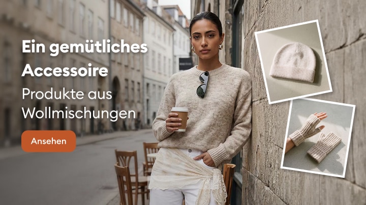 Präsentation gemütlicher Accessoires aus Wollmischungen wie Mütze und fingerlose Handschuhe für kühle Tage in der Stadt