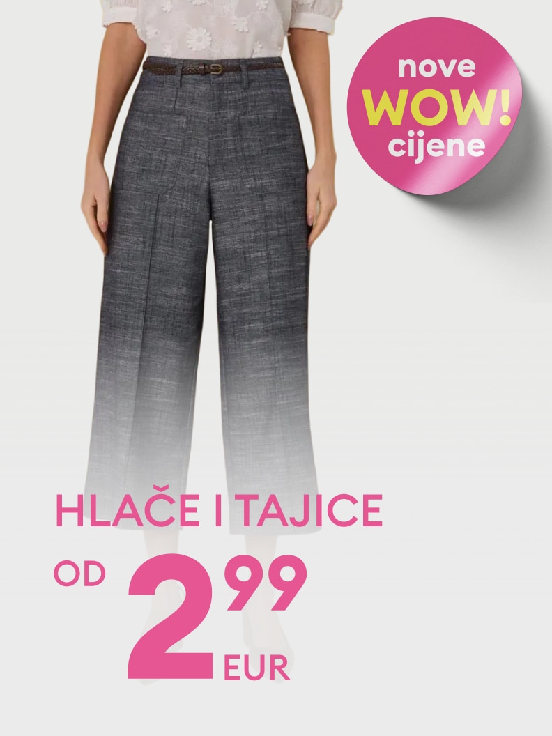Promocija ženskih hlača i tajica s novim sniženim cijenama, dostupno već od 2,99 eura.