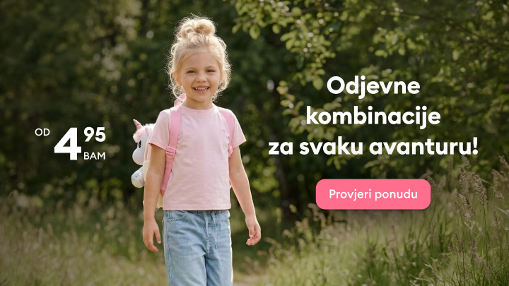 Promocija dječijih odjevnih kombinacija za aktivnosti na otvorenom, s naglaskom na praktičnost i povoljnu cijenu te poziv da se istraži aktuelna ponuda.
