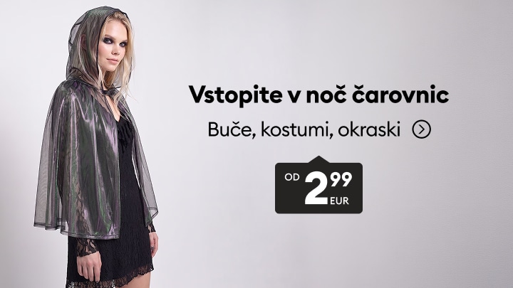 Ponudba dodatkov, kostumov in okraskov za noč čarovnic po ugodnih cenah.