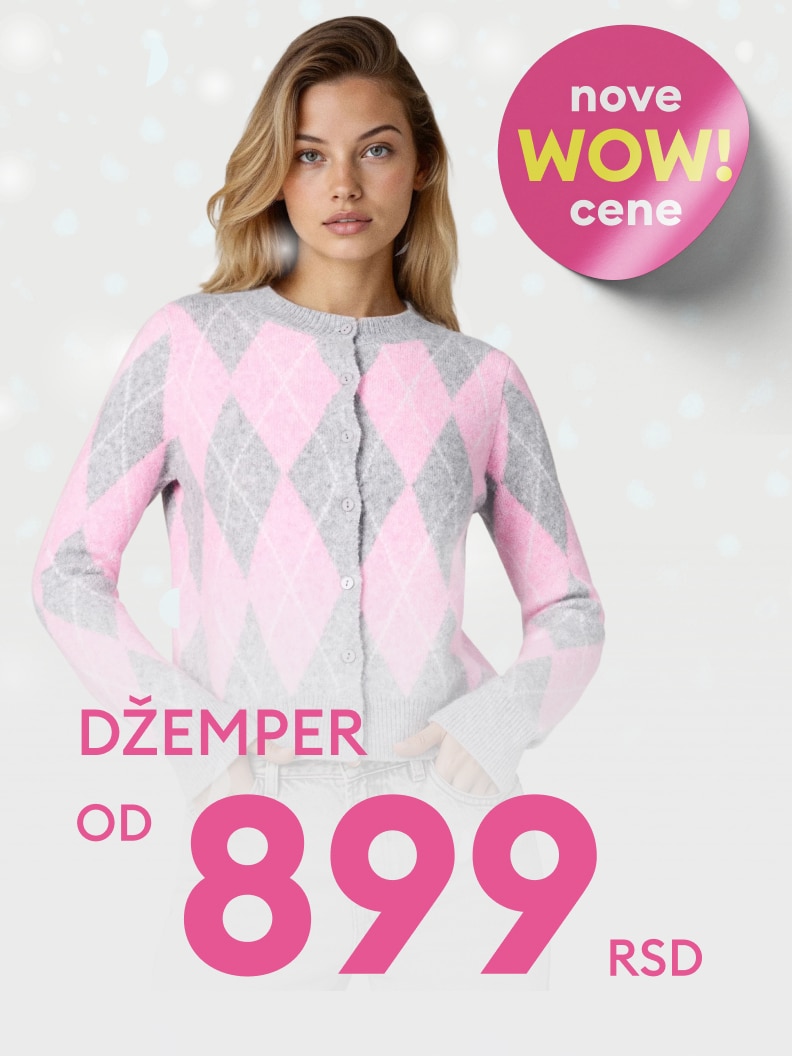 Promocja na swetry. Ceny od 29,99 zł. Grafika informuje o atrakcyjnych, nowych cenach WOW. Produkt prezentowany na zdjęciu ma wzór w romby. Oferta skierowana do osób szukających modnych ubrań w przystępnej cenie.
