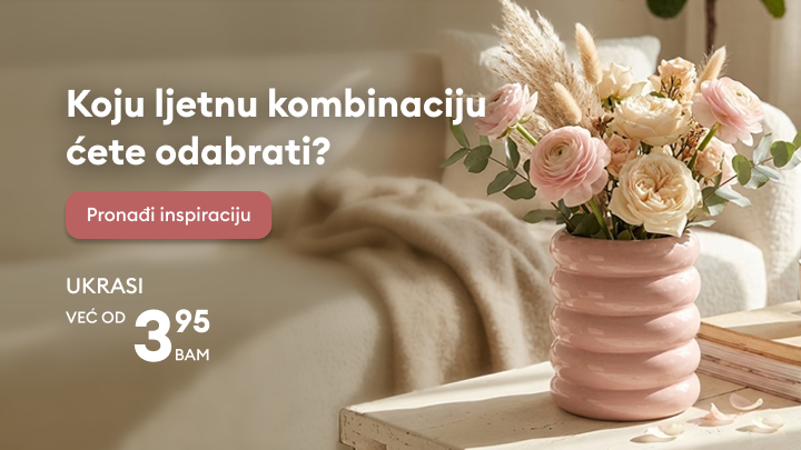 Promotivna poruka koja potiče pronalazak inspiracije za ljetne dekorativne kombinacije u domu, uz naglasak na pristupačne ukrase.