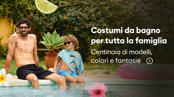 Promozione di costumi da bagno per tutta la famiglia, pensata per momenti di relax estivi in piscina o al mare, con un’ampia scelta di modelli per adulti e bambini.