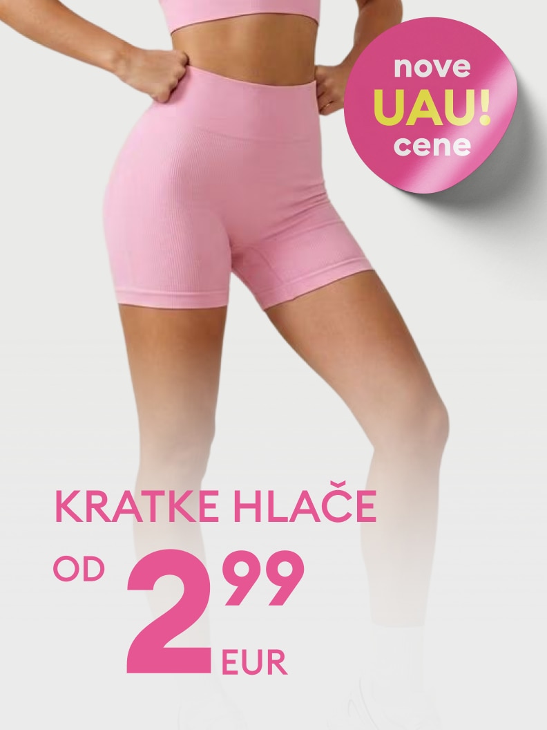 Promocija ženskih kratkih oprijetih hlač za vadbo ali prosti čas z izpostavljeno ugodno začetno ceno 2,99 EUR.