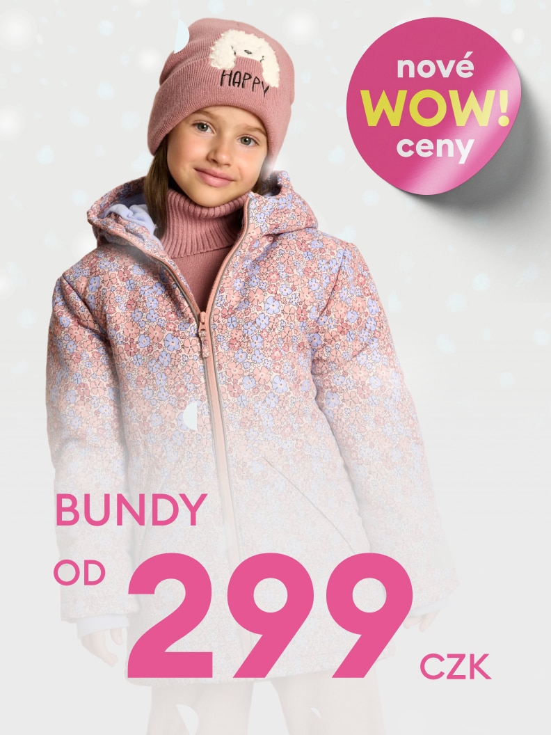 Dětská zimní bunda se vzorem květin, cena od 299 Kč. Reklama s textem „nové WOW ceny“.