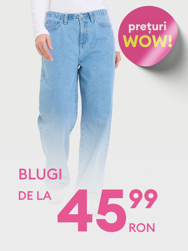Promovare blugi pentru femei, prezentați pe model, evidențiind disponibilitatea produsului la un preț promoțional avantajos.