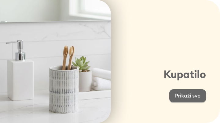 Kupatilo sa elegantnim dodacima: dozator za sapun, držač za četkice, sapun na poslužavniku i peškiri, prikazani na beloj površini. Savršeno za organizaciju i dekoraciju kupatila. Kliknite na "Prikaži sve" za pregled kompletne ponude.