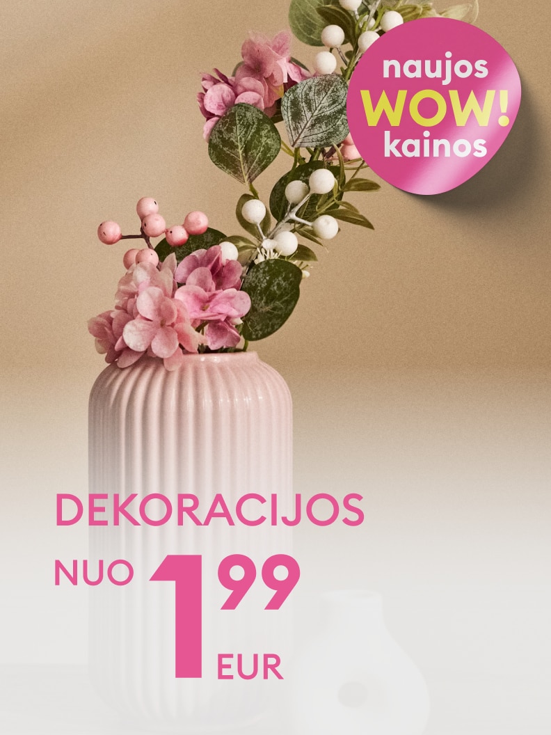 Reklama, informuojanti apie dekoracijų pasiūlymą su naujomis patraukliomis kainomis, pradedant nuo 1,99 euro.