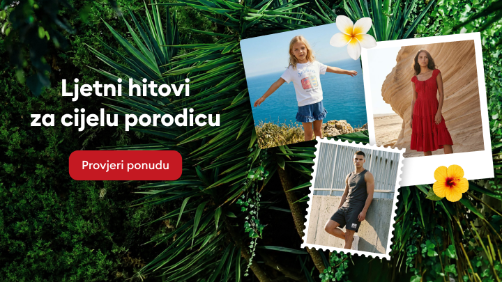 Promocija ljetne kolekcije odjeće za cijelu porodicu, predstavljajući stilove za djecu, žene i muškarce te poticaj na pregled dostupne ponude.