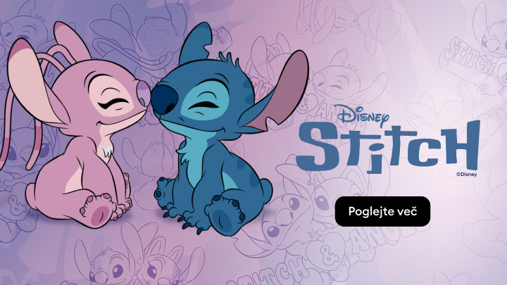 Promocijski vizual za kolekcijo Disney Stitch, ki prikazuje lika Stitch in Angel ter spodbuja ogled ponudbe.