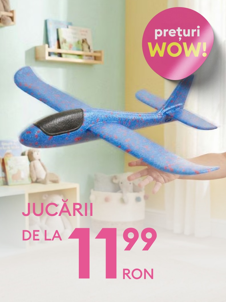 Promovare jucărie pentru copii, planor de mână pentru joacă în interior, sugerând distracție și ofertă avantajoasă.