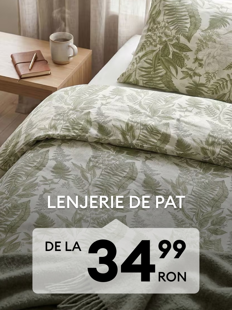 Lenjerie de pat cu imprimeu vegetal, potrivită pentru un dormitor confortabil și relaxant, disponibilă la preț promoțional.