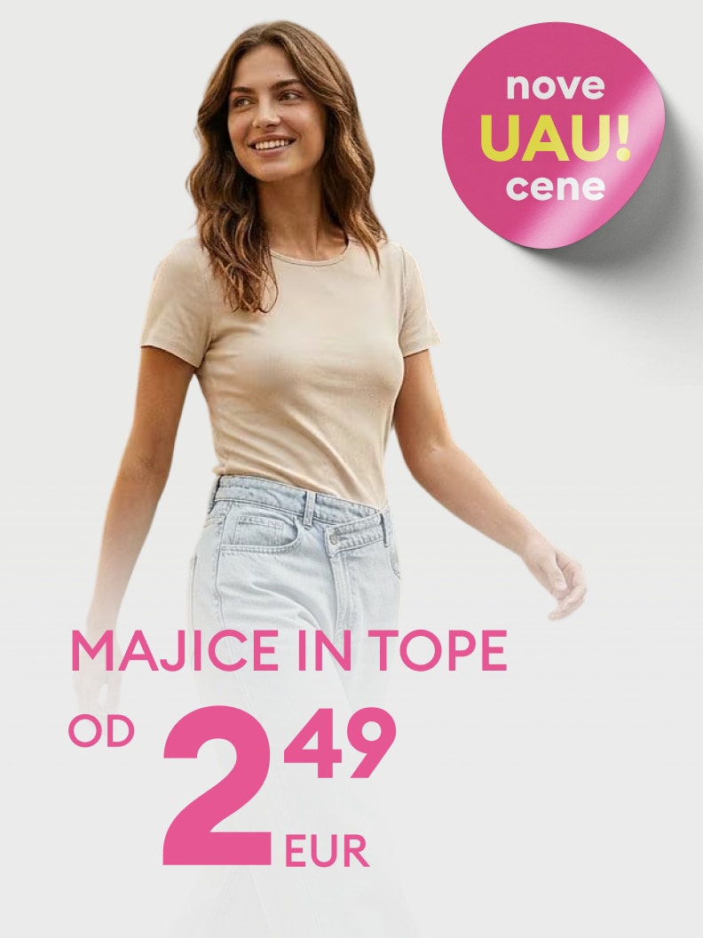 Promocijska ponudba majic in topov z novimi cenami, ki poudarja cenovno ugoden nakup oblačil za vsakdanjo uporabo.