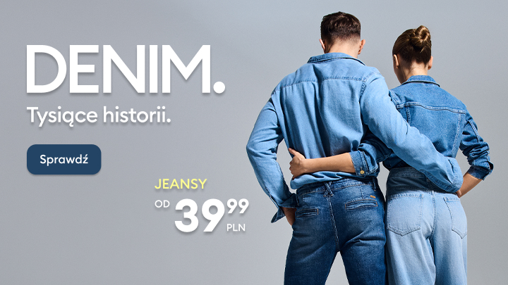 Baner promujący kolekcję dżinsów, prezentujący parę w dopasowanych stylizacjach i zachęcający do sprawdzenia oferty zakupowej.