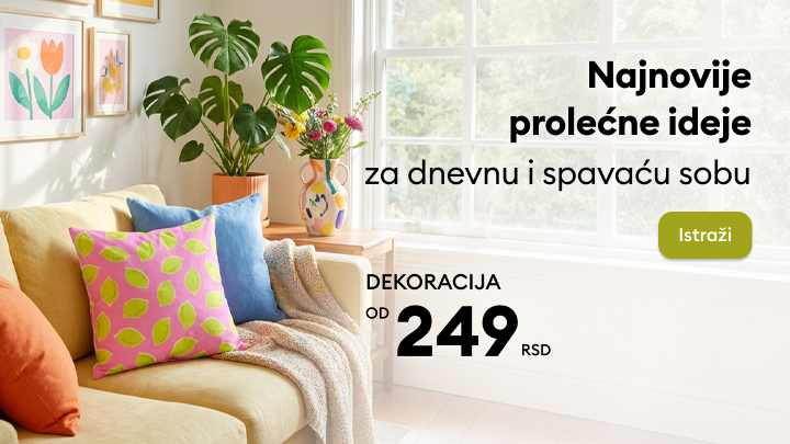 Promotivni baner koji predstavlja prolećne ideje za uređenje dnevne i spavaće sobe i ističe povoljnu ponudu dekoracije, uz podsticaj da se ponuda istraži.