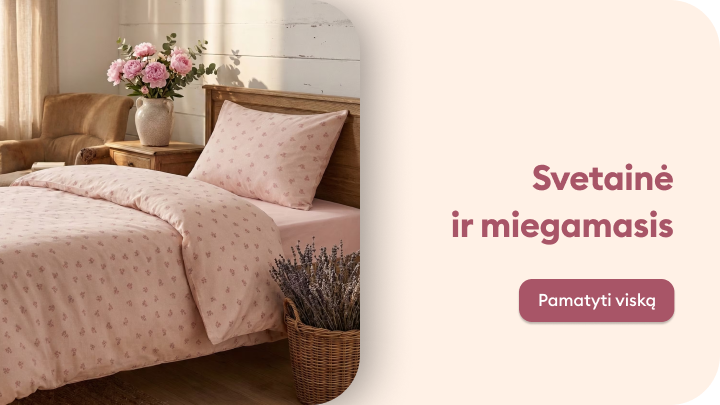 Kviečia peržiūrėti svetainės ir miegamojo prekes, pristatant jaukų miegamojo interjerą su patalyne ir namų tekstile.