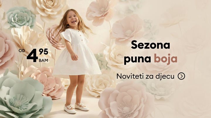 Promotivni baner koji najavljuje novu sezonsku kolekciju dječije odjeće, usmjeren na roditelje i kupovinu novih modela po povoljnim cijenama.