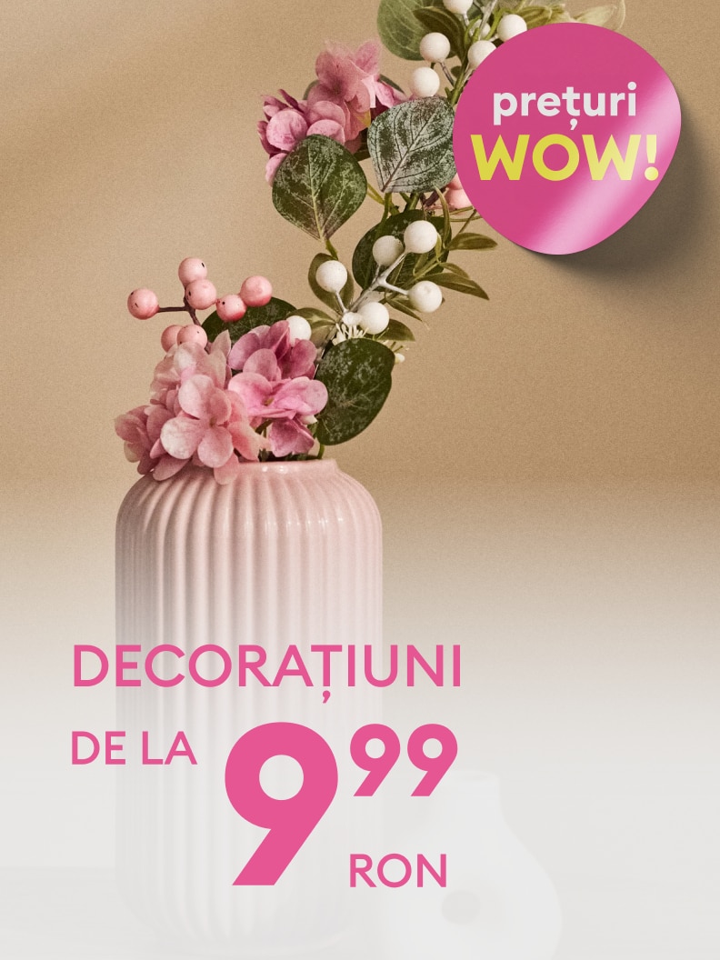 Promovare pentru decorațiuni de interior, evidențiind o ofertă cu prețuri foarte avantajoase, disponibile de la 9,99 RON.