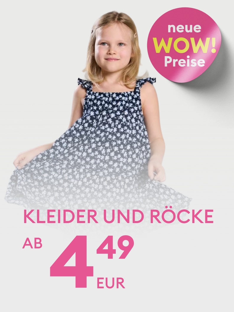 Werbeaktion für Kinderkleider und Röcke mit neuen Aktionspreisen ab 4,49 EUR, zur Bewerbung preisgünstiger Mode für Kinder.