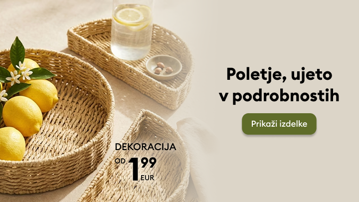 Promocijski vizual za poletno dekoracijo doma z ugodno izhodiščno ceno, namenjen spodbujanju ogleda ponudbe in nakupa izdelkov.