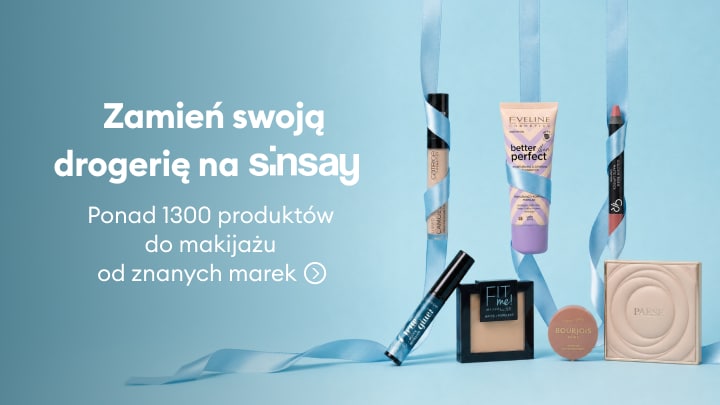 Promocja kosmetyków do makijażu dostępnych w Sinsay, obejmująca szeroki wybór produktów znanych marek do codziennego makijażu