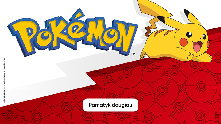 Oficialus „Pokemon“ logotipas ir personažas Pikachu. Tekstas kviečia sužinoti daugiau apie šią populiarią ir pripažintą visame pasaulyje pramogą. banner