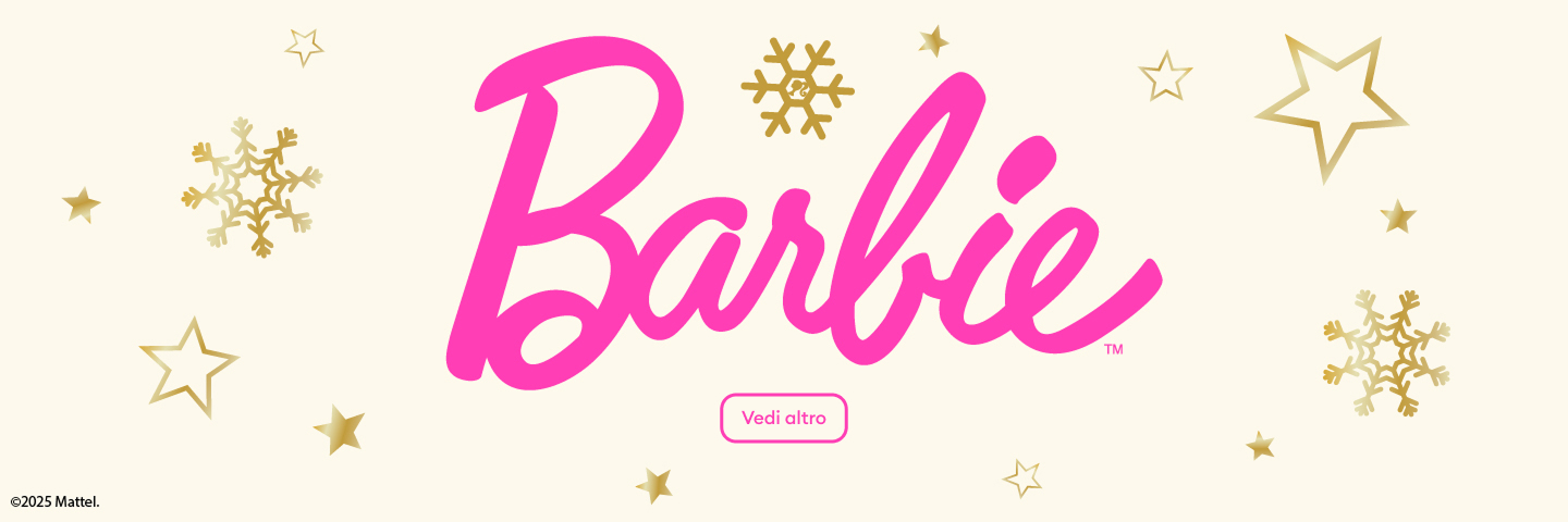 Logo di Barbie in stile festivo, circondato da stelle dorate e fiocchi di neve. Al centro, con caratteri distintivi, è presente la scritta "Barbie". In basso, un piccolo pulsante con il testo "Vedi altro", che suggerisce l'esplorazione di contenuti. ©2025 Mattel.