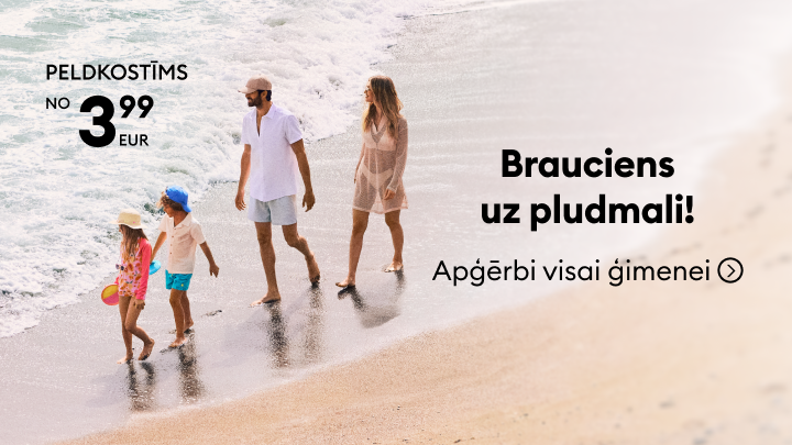 Reklāmas ziņojums par braucienu uz pludmali ar apģērbiem visai ģimenei, izceļot pieejamus peldkostīmus no 3,99 EUR.